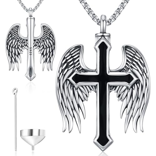 Aniu S925 Sterling Silver Urn Necklace Cremation Jewelry for Ashes - color: Cross Angel Wing-D