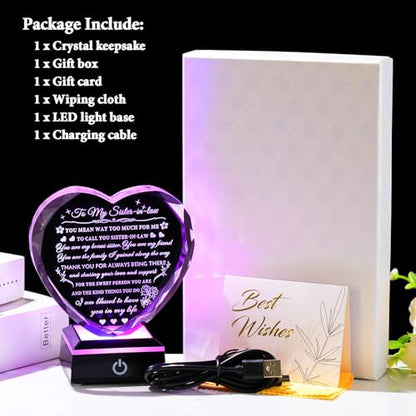 Arikyrist Meaningful Sister in Law Gifts with Colorful LED Base Wedding Birthday Gifts for Sister in Law Heart Crystal Keepsake Gift Ideas for Mother's Day Christmas Thanksgiving - style: Sister in Law Gifts + Light Base