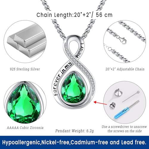 Eusense Cremation Jewelry for Ashes Urn Necklace to Put Ashes In 925 Sterling Silver Memorial Pendant Tree of Life Infinity Urn Necklaces for Ashes Necklace for Women Men - style: F-Infinity Urn-05-May.-Emerald