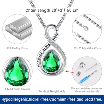 Eusense Cremation Jewelry for Ashes Urn Necklace to Put Ashes In 925 Sterling Silver Memorial Pendant Tree of Life Infinity Urn Necklaces for Ashes Necklace for Women Men - style: F-Infinity Urn-05-May.-Emerald