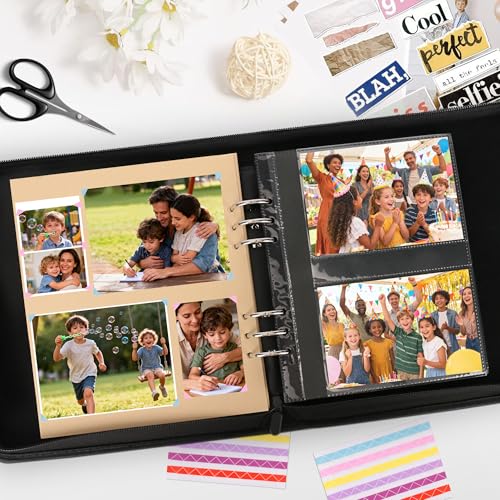 Leather Photo Album 4x6 200 Photos, DIY Scrapbook with 50 Sheets and 20 Blank Kraft Sheets, Travel Souvenir Diary Photo Book for Family Wedding Baby and Holiday Pictures - color: Black