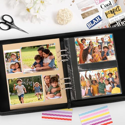 Leather Photo Album 4x6 200 Photos, DIY Scrapbook with 50 Sheets and 20 Blank Kraft Sheets, Travel Souvenir Diary Photo Book for Family Wedding Baby and Holiday Pictures - color: Black