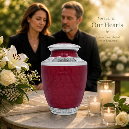 CLEENTABLE Metal Alloy Cremation Urn for Human Ashes, Maroon & Silver - color: Maroon, size: 6.5x11"