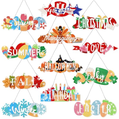 Cinnvoice Seasonal Diamond Art Hanging Kit,12 Pcs,Rustic | Holiday Diamond Art Wreath Ornament, Month Gem Hanging Sign, Festival Crystal Suncatcher, for Door Window Wall Home Decor - style: Rustic