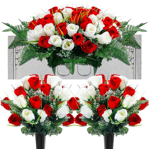 XunYee 3 Pcs Artificial Cemetery Flower Set Cemetery Flowers Saddle Flowers Rose Bouquets with Vase 1 Saddle and 2 Memorial Bouquets for Outdoor Headstone Decor Grave(Red, White) - color: Red, White