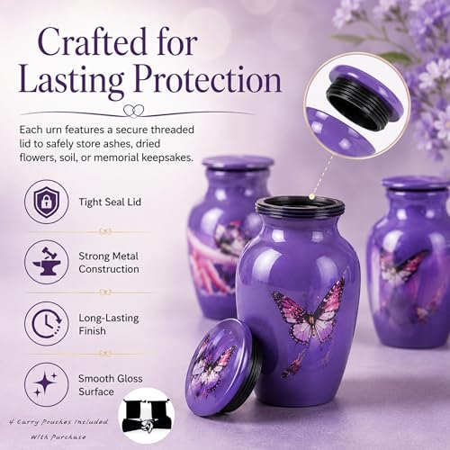 Keepsake Urns Small for Human Ashes Set of 4 | Mini Funeral Cremation Pot with Velvet Box | Cremated Remains Storage Container & Box
