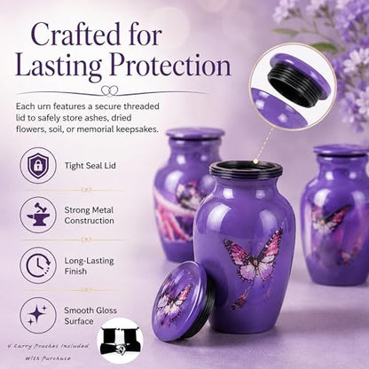 Keepsake Urns Small for Human Ashes Set of 4 | Mini Funeral Cremation Pot with Velvet Box | Cremated Remains Storage Container & Box
