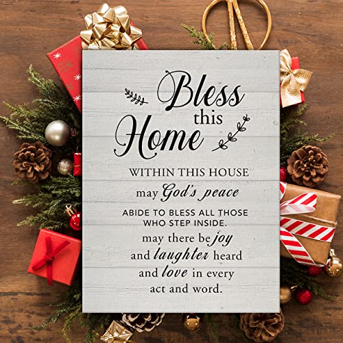 New Home Religious Wall Art Bless This Home Canvas Print with Inspirational Quote Framed Artwork Painting for Rustic Wall & Tabletop Decor Housewarming Gifts