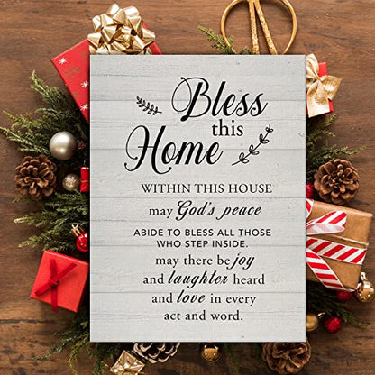 New Home Religious Wall Art Bless This Home Canvas Print with Inspirational Quote Framed Artwork Painting for Rustic Wall & Tabletop Decor Housewarming Gifts