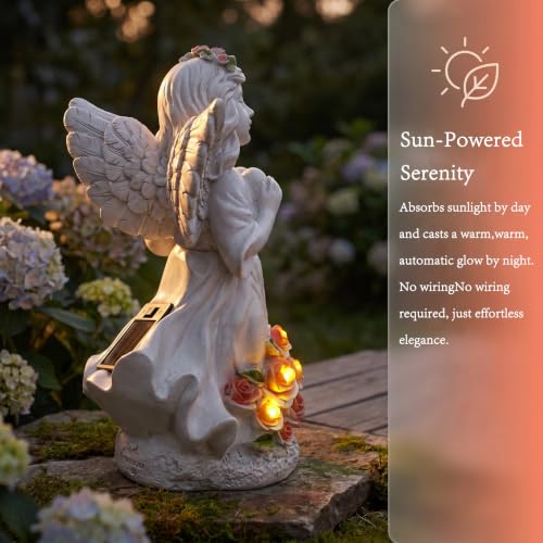 Solar Light Angel Garden Statues Sculptures for Grave Decoration | Weatherproof, Sympathy Cemetey Decoration, Outodor Angel Gifts for Mom Grandma, Handmade of Resin, 8.7" Tall
