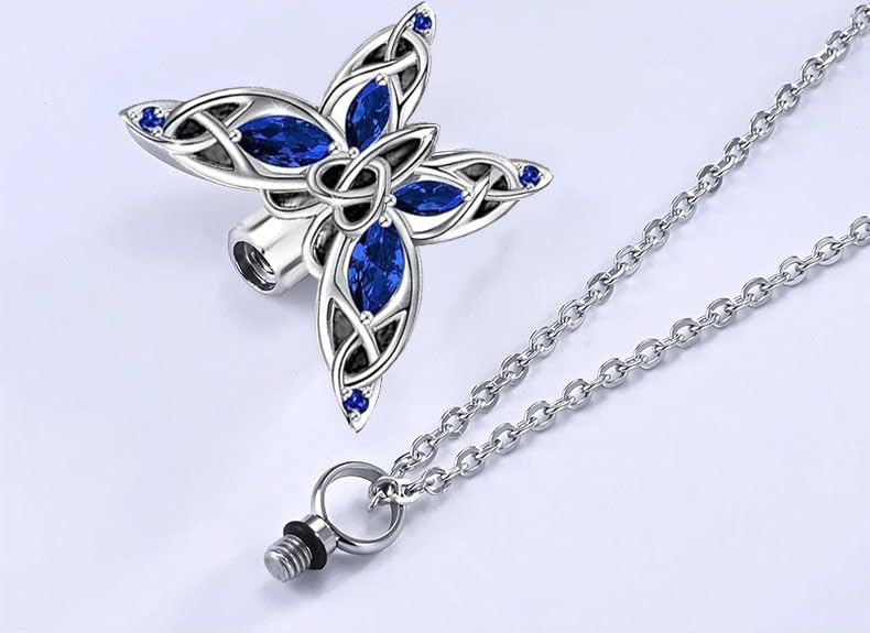 Q&D&S Cremation Butterfly Urn Necklace Jewelry for Ashes for Women Stainless Steel Inlaid Crystal Memorial Pendant Human Pet Ash Holder Gift A Loss of Loved Ones - color: blue