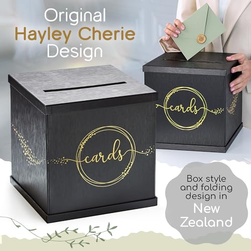 Black & Gold Card Box, Large 10x10 Gift Card Box Envelope Holder with Slot | Wedding Reception, Graduation Party, Funeral Memorial, Birthday, Bridal & Baby Shower, Retirement, Donation Basket, Money