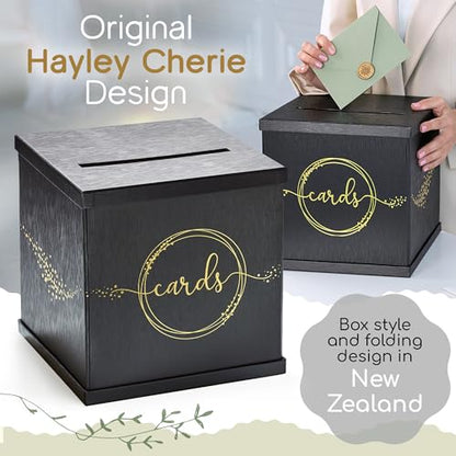 Black & Gold Card Box, Large 10x10 Gift Card Box Envelope Holder with Slot | Wedding Reception, Graduation Party, Funeral Memorial, Birthday, Bridal & Baby Shower, Retirement, Donation Basket, Money