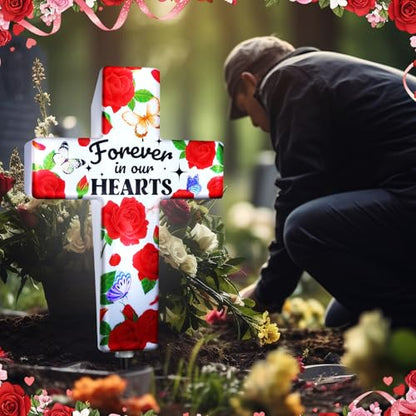 Qunclay Solar Cross Grave Lights Women Grave Decorations with Red Rose Flowers Waterproof Memorial Cross Stake Solar Powered Light Outdoor Yard Patio Sympathy Gifts for Loss of Loved One