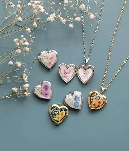 Handmade Heart Shaped Dried Pressed Forget Me Not Flower Photo Locket Pendant Necklace - color: Silver, style: customized