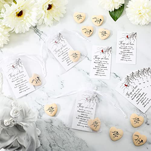 Fulmoon 100 Sets Funeral Favors Bulk, Pocket Hug Wooden Heart Token with Red Cardinal Greeting Cards and Organza Bags Memorial Day Gifts for Guests Family Church Celebration of Life Decorations