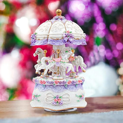 Carousel Music Box,Luxury Color Change LED Light ,Luminous Rotating 3-horse | Luminous Music Box, musical box with Gift Box for Girls Birthday Valentine Gift (Castle in the Sky, Purple) - color: Purple, style: Castle in the Sky
