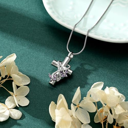 Butterfly Cross Cremation Jewelry Urn Necklaces Stainless Steel Cross Urn Necklaces for Ashes Memorial Keepsake Pendant for Women Gifts With Funnel Kit & Bag - color: Silver+Purple