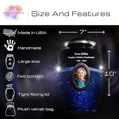 Blue Galaxy Photo Urn for Human Ashes – Personalized Cremation Tribute with Portrait, Name & Dates, Starry Sky Memorial Keepsake, Made in USA (Large) - size: Large