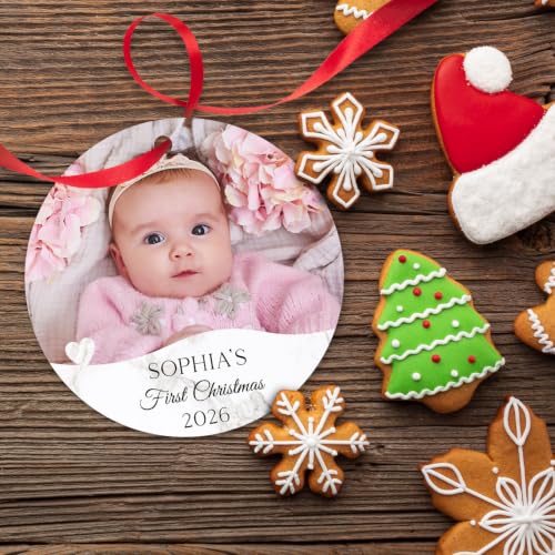 Personalized Baby First Christmas Ornaments Boy/Girl, Custom Photo and Name 2025 Christmas Tree Ornament, Velvet Pouch Included, 3.75" ACM Ornament, Made in The USA - color: Baby Heart