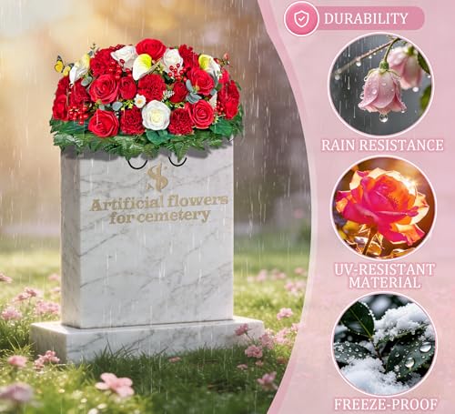 Artificial Cemetery Flowers - Headstone Flower Saddle - Outdoor Grave Decorations - Realistic Red Rose Carnation Mix Bouqet with 2 Lovely Butterflies