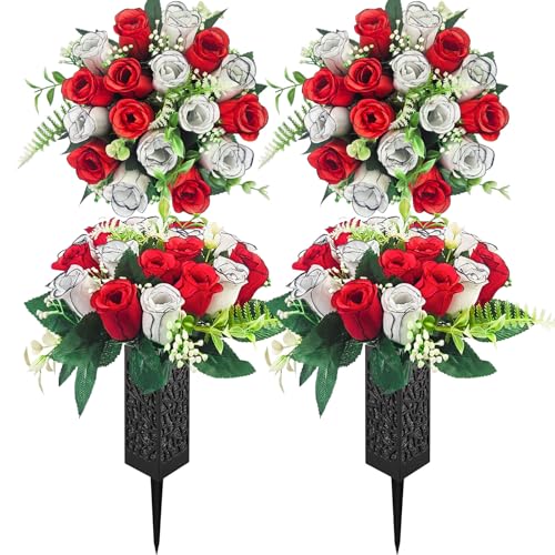 Mirevielyn 18-Stem Artificial Rose Cemetery Flowers with Spiked Vases | Colorfast silk roses, stain-resistant material, detachable ground spikes, headstone decor, gravesite display - color: Red & White