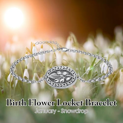 Birth Flower Photo Locket Bracelet 925 Sterling Silver 12 Month Locket Bracelet with Picture Birth Flower Photo Jewelry Gifts for Women Mother Mom Daughter - style: 01-January-Snowdrop-Custom