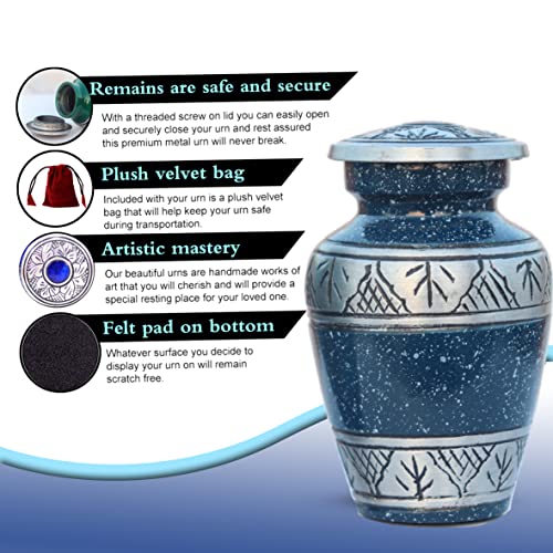Blue Small Urns for Human Ashes Female Male | Set of 4 Premium Mini Keepsake Urns with Four Velvet Bags A Paper Funnel and A Stunning Magnet Closer Gift Box - color: Blue