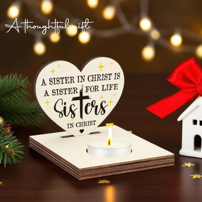Sisters in Christ Candle Holder, Appreciation Sister Bestie Gift, Christian Friendship Gift for Women Work Friends, Bible Study, Faith Keepsake, Friendship Christmas Candlestick Holders-LATZ17 - color: Wood Sisters in Christ