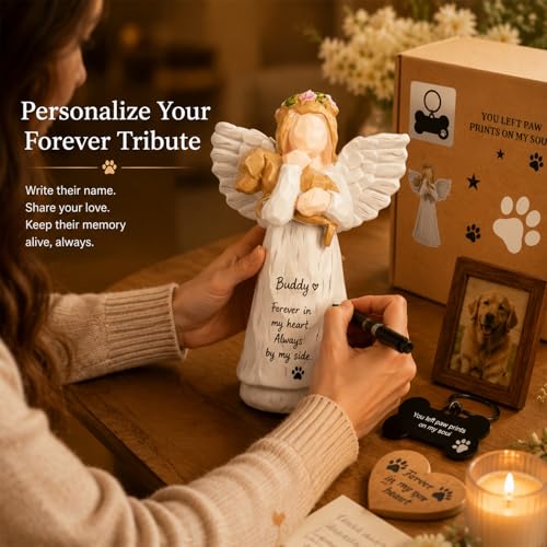 Dog Memorial Figurine, Resin Angel Keepsake with Bone Keychain | Angel Wing Design; Resin Craftsmanship; Decorative Keepsake; Gift Ready; Pet Memory Tribute