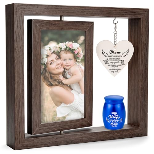 Rotating Wooden Memorial Picture Frame with Urn, 4x6 Photos, Mom | Real glass cover, Double-sided display, Heart tag engraving, Secure sealed keepsake, Holds ashes hair or petals, Rustic style - color: Mom