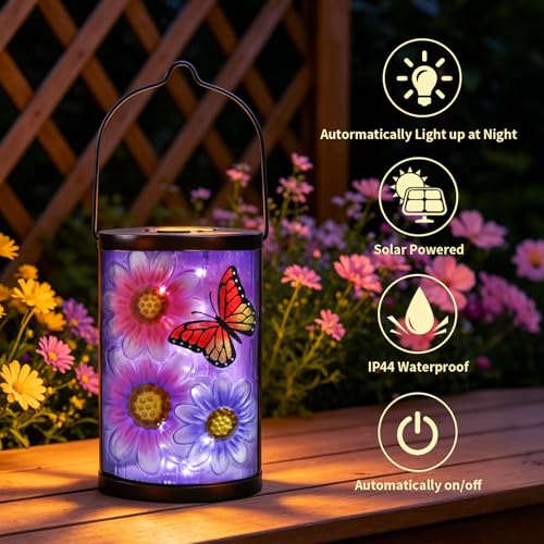 MUMTOP Butterfly Solar Lantern, Hanging Glass Outdoor Garden Light - color: Purple