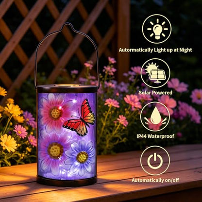 MUMTOP Butterfly Solar Lantern, Hanging Glass Outdoor Garden Light - color: Purple