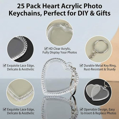 25Pcs Acrylic Photo Keychain Snap-in Keychain Double Sided Blank Custom Frames Heart-Shaped Clear Insert Photo Picture Frame with Keyring Christmas Ornaments Keyring Holder(Embossed Edges)