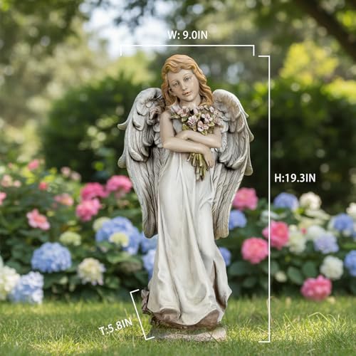 Grace4Joy Garden Angel Statue Outdoor Decor - 19.3 Inches Guardian Angel Resin Figurine with Flowers, Hand Painted Religious,Fairy Sculpture for Home Yard Patio Lawn Hallway