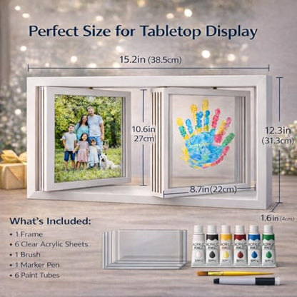 Family Handprint Frame Kit,White Dual Rotating Photo & Handprint Display, DIY Keepsake Craft with Wooden Frame, Non-Toxic Paints, Baby Hand & Footprint Kit, Gift for Grandparents & New Parents - color: White Frame, size: Dual Spin - Handprint & photo