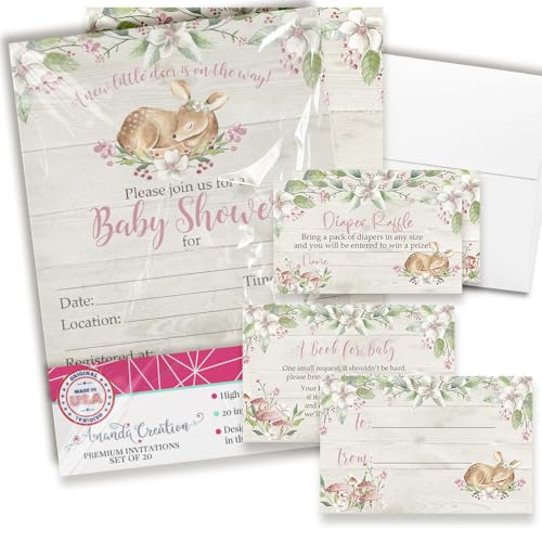 Amanda Creation Baby Shower Invites for Girls – Little Deer Baby Shower Invitation Bundle with Diaper Raffle Tickets, Book Request Cards & Envelopes. Set of 20 5X7 Baby Girl Invitation Kit Sets - style: Deer