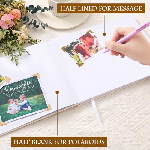 8x10 Inch Wedding Guest Book - 120 Blank & Lined Pages, Gold Foil PU Leather Hardbound Cover, Durable Sewn Binding (White Blank) - color: White Blank