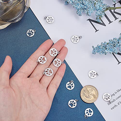 UNICRAFTALE 20Pcs Cute Dog Paw Print Charm 14Mm Flat Round Stainless Steel Charm Pendants, Puppy Pet Animal Footprint for DIY Necklace Jewelry Making