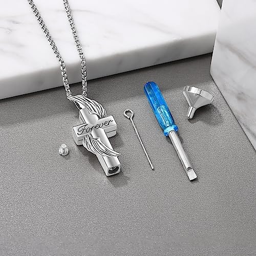 Aniu S925 Sterling Silver Urn Necklace Cremation Jewelry for Ashes - color: Cross Angel Wing-B