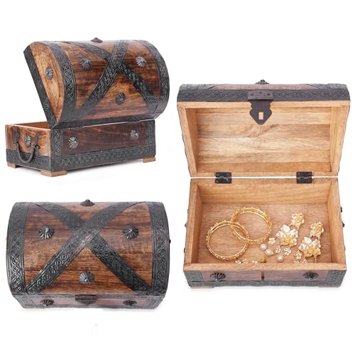 Ajuny Wooden Pirate Treasure Chest Jewelry Box Keepsake Organizer with Lock