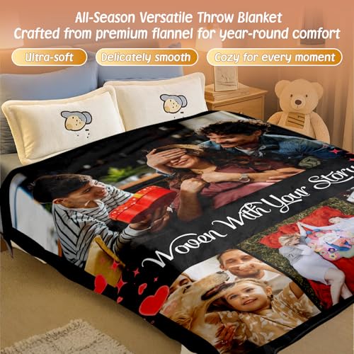Ships Next Day, Custom Blanket with Photos Text - HD-Printing in USA, Personalized Picture Blanket Customized Flannel Blankets Christmas Birthday Gifts for Mom Dad Couple Kids Girlfriend Boyfriend - color: 4 Photos, size: 60'' x 80''