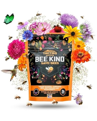 Tactiko Save the Bees Wildflower Seed Mix | Pollinator | 26 Varieties - 4oz | 120,000+ 4oz Seeds, Annual & Perennial Pollinator Seeds to Attract Bees, Butterflies & Hummingbirds, Up to 600 sq ft Coverage