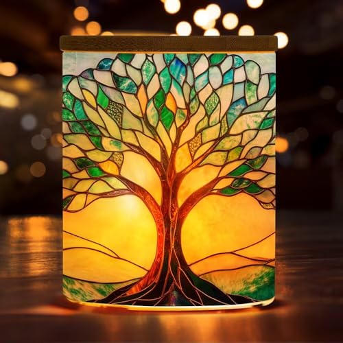 Tree of Life Tea Light Candle Holder with Bamboo Lid,Stained Glass Tree LED Candle Holder Tealight Jar for Birthday,Wedding,Party Home Decoration - color: Tree of Life