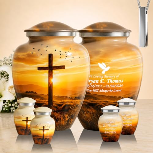 Custom Engraved Serenity Sunset Cross Cremation Urn for Human Ashes Set of 6 Includes 1Large Funeral Urn for Adult Male & Female with 4 Small Keepsake Urn & 1 NecklaceUrn to Memory of Your Loved Ones - color: Serenity Cross Set - Custom