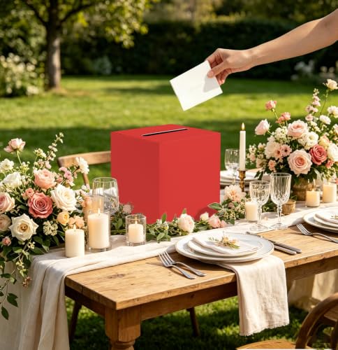 SietDESEO Red Card Box with Slot Money Gift Card Box Holder for Party Wedding Reception Birthday Graduation Bridal Shower Baby Shower Diaper Raffle Box - color: RED CARD BOX, size: 7.8 X 7.8 X 7.8 INCH
