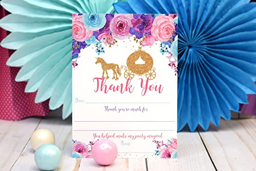 Royal Celebration Princess Carriage Theme Girls Birthday Thank You Cards, 10 Fill-In 4x5.5 Cards with White Envelopes, Gold Glitter Fairytale Party Design, Made in USA by Amanda Creation - style: Royal Celebration Gold Glitter Princess Carriage