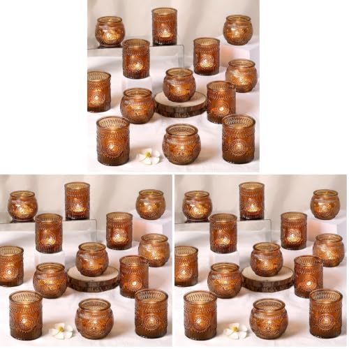 DARJEN 24Pcs Amber Votive Candle Holders - Vintage Glass Candle Holder, Candle Holders Bulk for Wedding & Home Decoration, Tea Lights Candle Holders for Festival Party Gift (Pack of 3) - color: Amber, size: 24 PCS (Pack of 3)