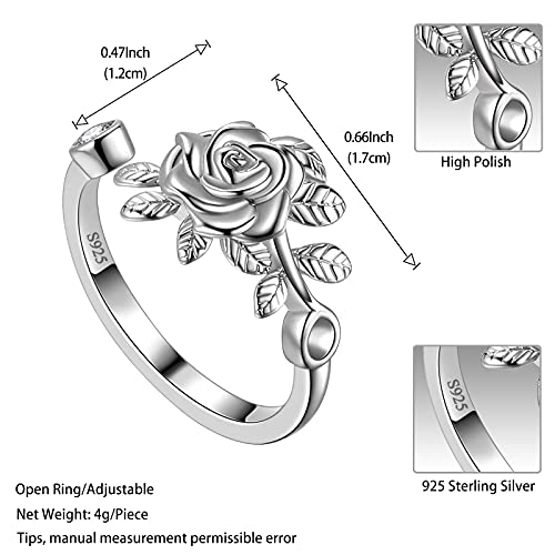 Jewmon Adjustable Flower Rose Ring for Women 925 Sterling Silver/Gold Plated Rose Flower Open Ring Elegant Promise Ring for Women Romantic Jewelry for Birthday Valentine Christmas Day Gifts - color: B,Sterling Silver Rose Ring