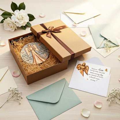 Bronze Angel Memorial Garden Stone with Plaque Stand and Sympathy Card, Mothers Day Outdoor Heartwarming Memorial Garden Stepping Stone, Sympathy Gift for Loss of Loved One, Pet & Family